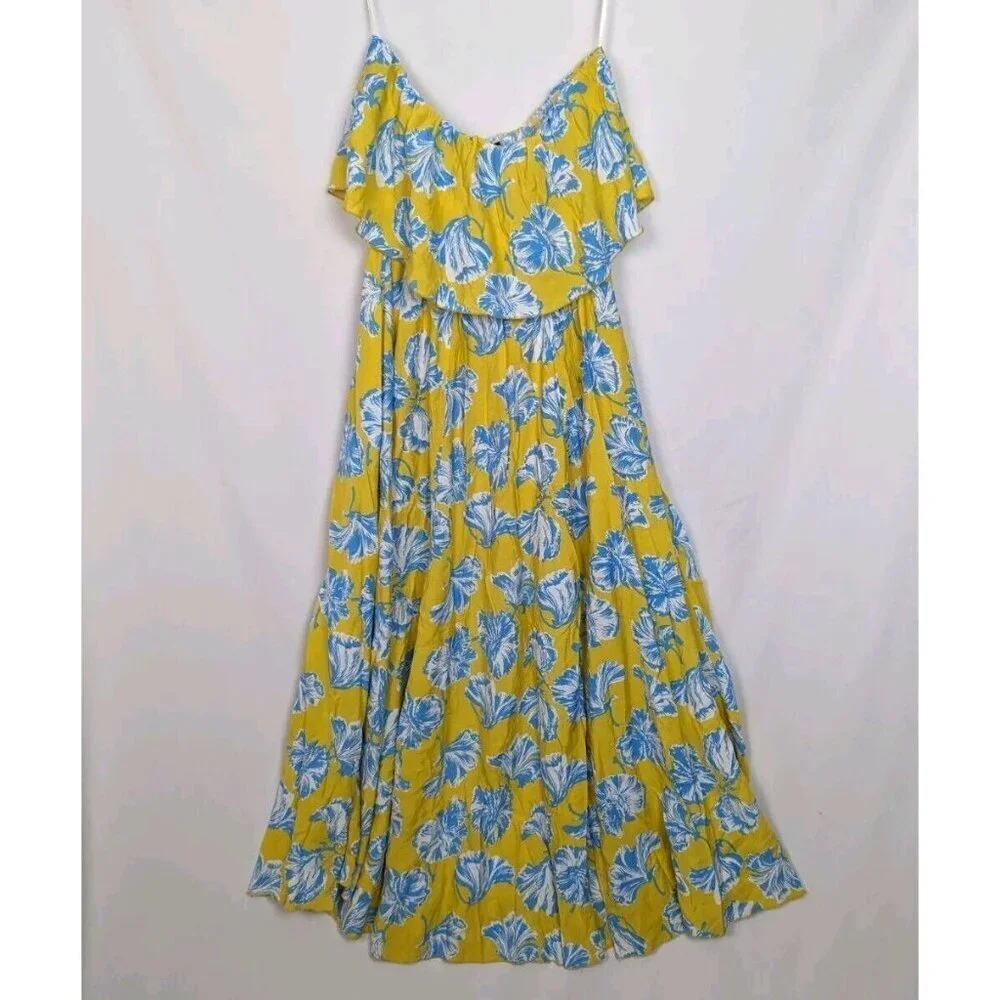 Lulus L Love Boldly Yellow Floral Print Strapless Maxi Dress High Slit Tropical - Picture 8 of 15